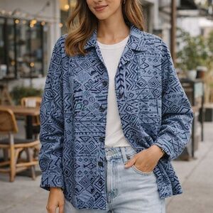 CENTRAL FALLS Blue Cotton Geometric Fish Print Vintage Button Down Shacket M‎
